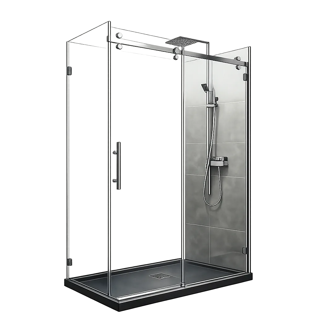 Detalle de cancel de baño con cristal templado y perfiles limpios
