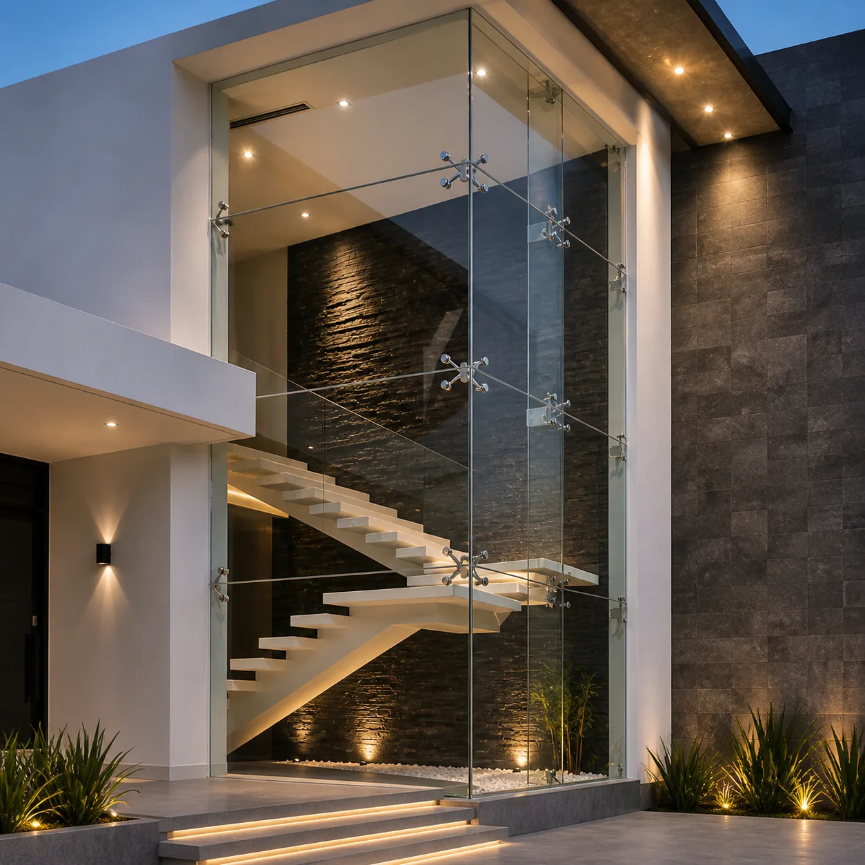 Fachada con arañas de cristal templado