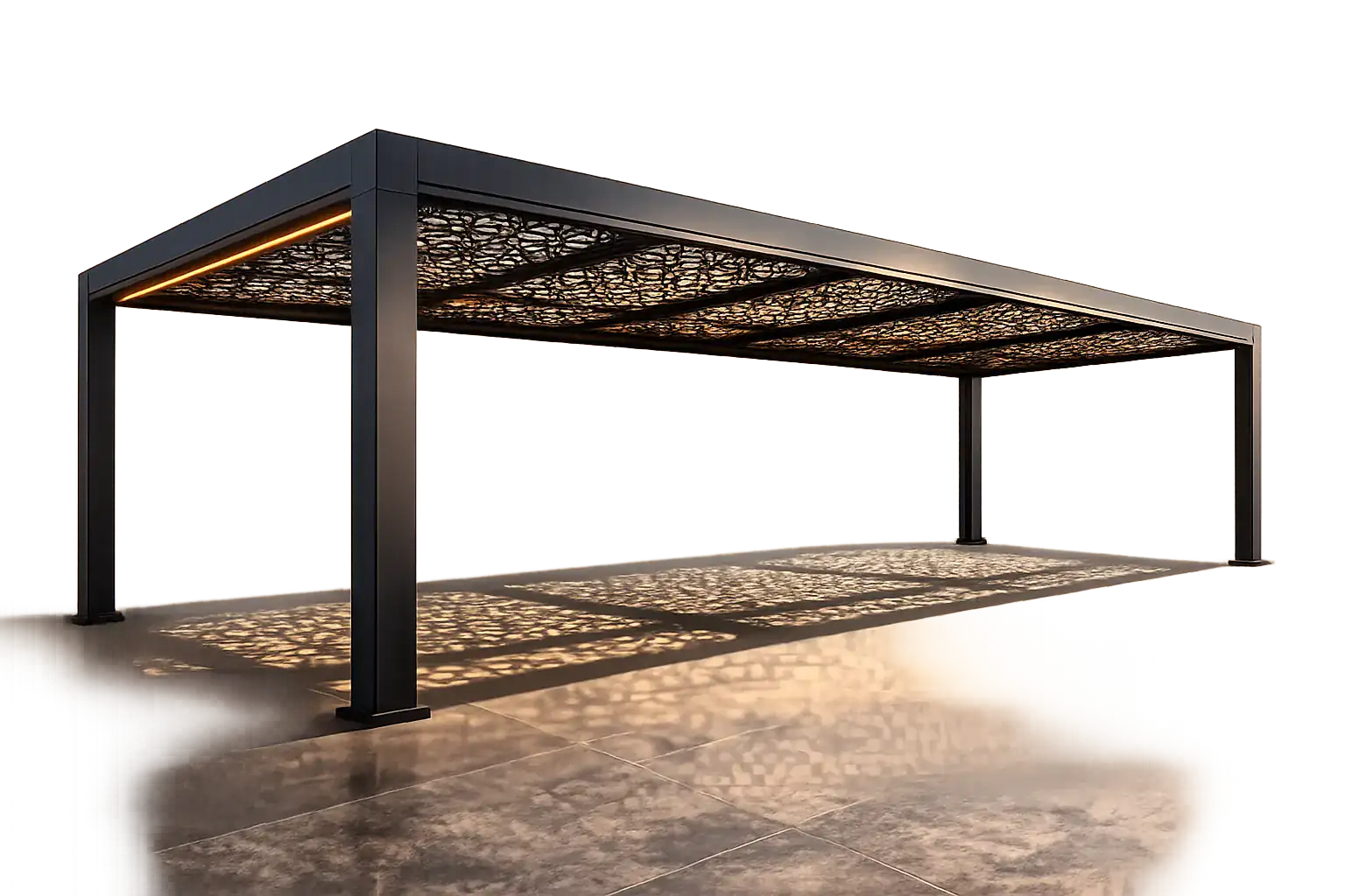 Detalle de pérgola de aluminio y cristal para exterior
