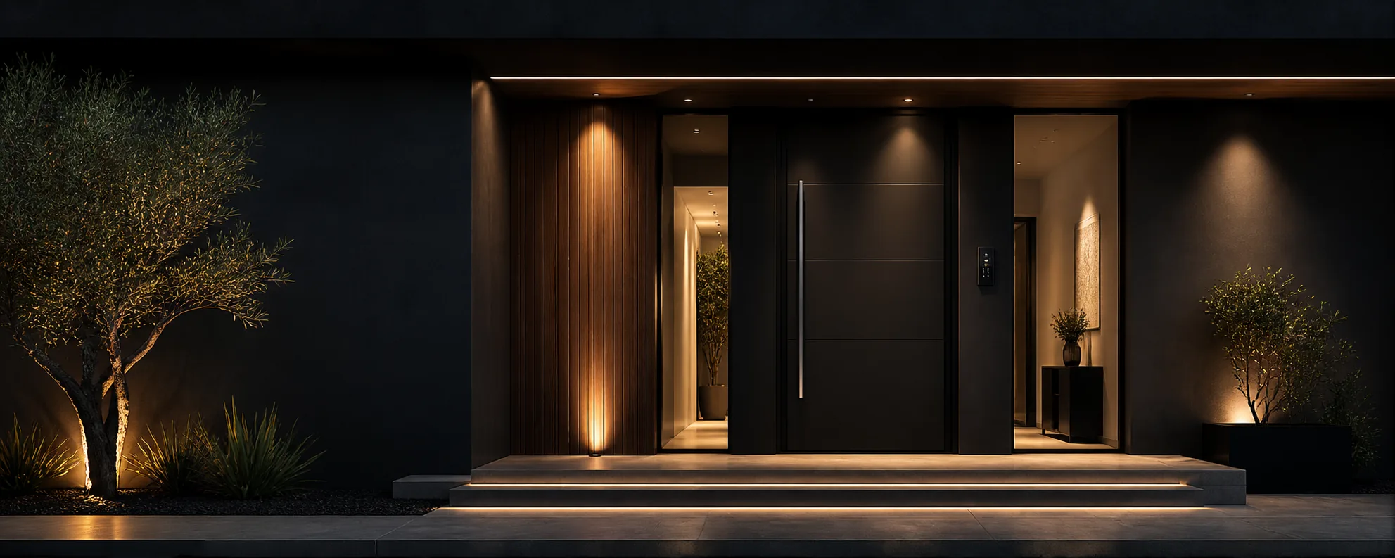 Puerta moderna de aluminio y cristal instalada en acceso residencial